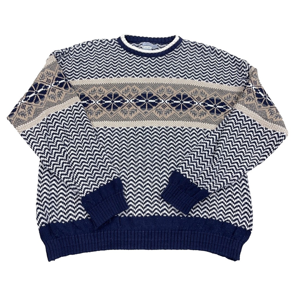Vintage Grandpa Sweater Men Large Blue Heavy Knit Geometric Nordic USA 80s 90s